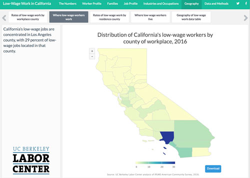 Map of California showing county-by-county distribution of low-wage workers in 2016