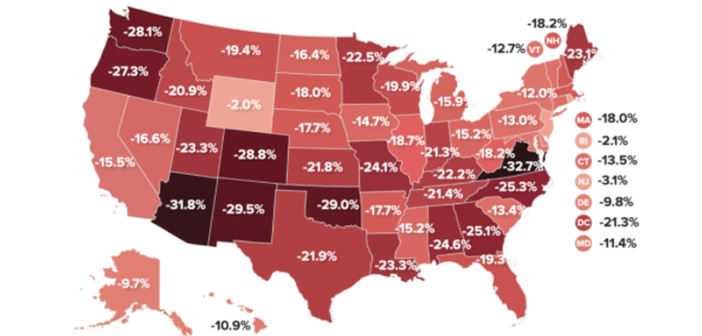 A map of the U.S. in different shades of red